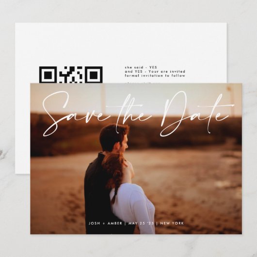 Moderne bewerkbare foto QR code - Save The Date Ka Kaart (Voorkant / Achterkant)