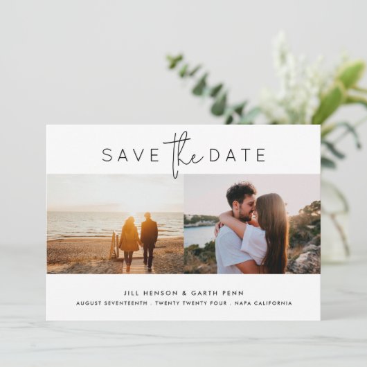 Moderne bewerkbare QR-code zwart-wit foto Save The Date (Staand voorkant)