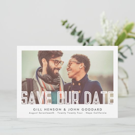 Moderne, bewerkbare tekstfoto save the date (Staand voorkant)