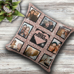 Moderne BFF-fotocollage Roze Gouden Glitters Hart Kussen