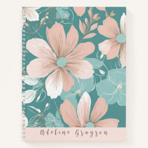 Moderne Big Blush Bloemen met Blauwgroen Hardcover Notitieboek