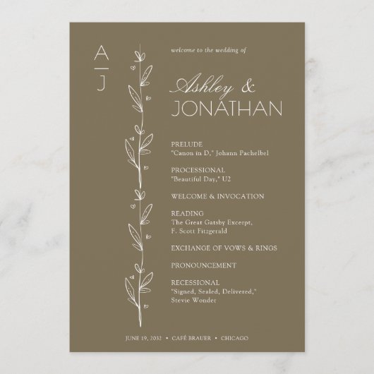 Moderne biologische bloemen scheider bruiloft programmakaart (Voorkant)