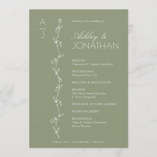 Moderne biologische bloemen scheider bruiloft programmakaart (Voorkant)