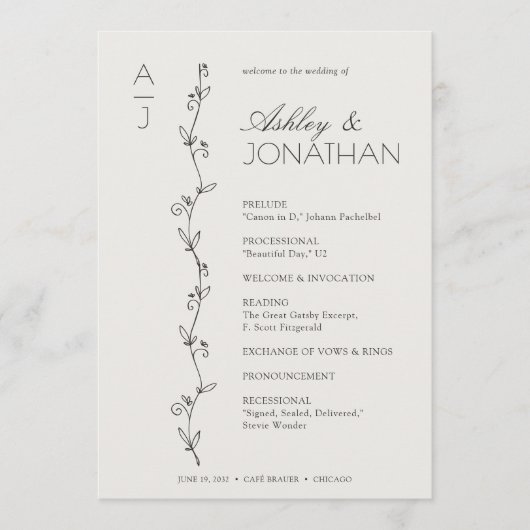 Moderne biologische bloemen scheider bruiloft programmakaart (Voorkant)