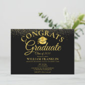 Moderne Black and Gold Script Graduation Party Kaart (Staand voorkant)