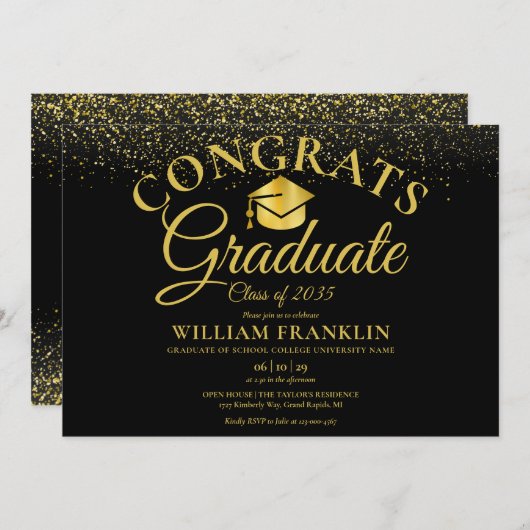 Moderne Black and Gold Script Graduation Party Kaart (Voorkant / Achterkant)
