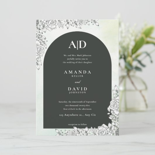 Moderne Black Arch Bloemen Huwelijksuitnodiging Kaart (Staand voorkant)