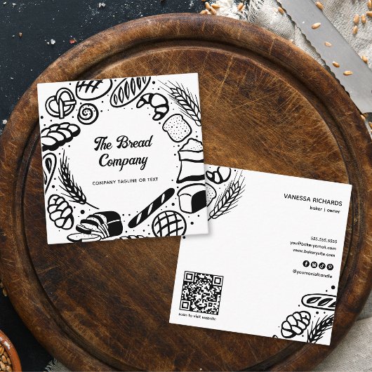 Moderne Black Baked Goods Border QR Code Bakkerij Vierkante Visitekaartje