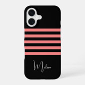 Moderne Black Blush Pink Stripe Monogrammed iPhone 16 Hoesje (Achterkant)