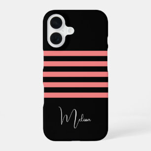 Moderne Black Blush Pink Stripe Monogrammed iPhone 16 Hoesje