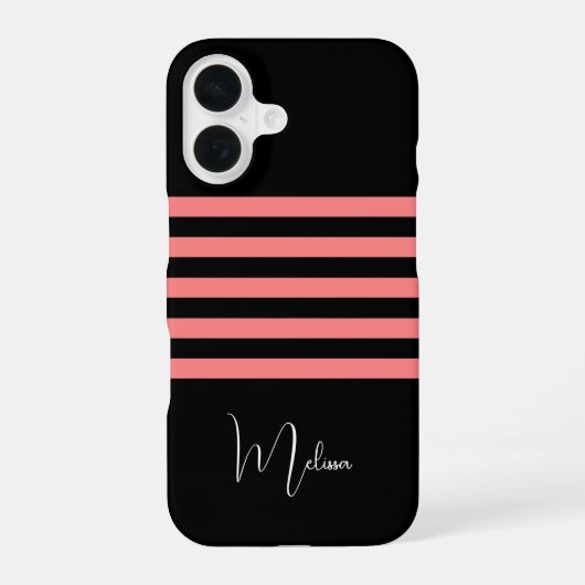 Moderne Black Blush Pink Stripe Monogrammed iPhone 16 Hoesje (Achterkant)