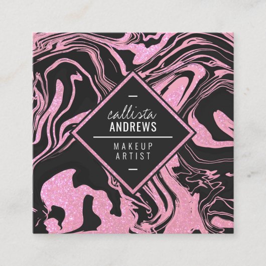 Moderne Black Blush Roze Glitter Marmeren Make-up Vierkante Visitekaartje (Voorkant)
