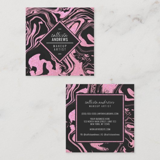 Moderne Black Blush Roze Glitter Marmeren Make-up Vierkante Visitekaartje (Voorkant / Achterkant)