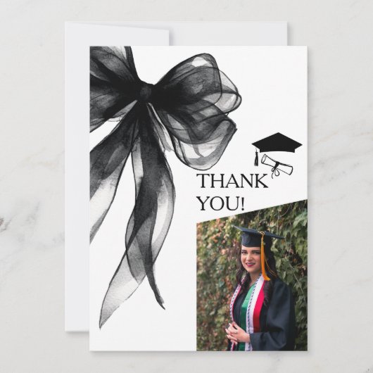 Moderne Black Bow Afstuderen Foto Bedankkaart (Voorkant)
