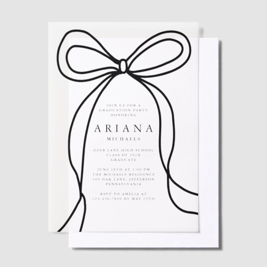 Moderne Black Bow Graduation Party Vellum Uitnodigingen (Offset)