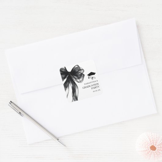 Moderne Black Bow Graduation Party Vierkante Sticker (Envelop)