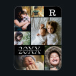 Moderne Black Color Block Family 6 Foto Collage Magneet<br><div class="desc">Modern Black Color Block Family 6 Photo Collage - met persoonlijke familienaam, jaartal en initiaal letter, allemaal gerangschikt in een elegante rasterlay-out. Dit moderne en slanke ontwerp toont 6 van je eigen afbeeldingen prachtig. Verkrijgbaar in verschillende kleurpaden om een kamerdecor aan te passen. Het maakt een geweldige vakantiehuisje voor grootouders,...</div>