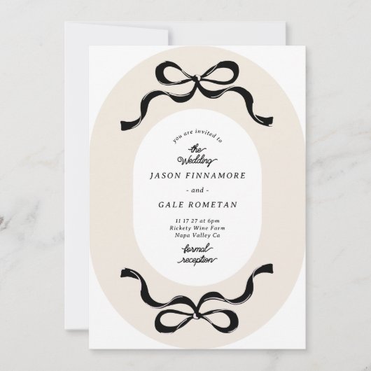 Moderne Black Cream Retro Bows Fotobruiloft Kaart (Voorkant)