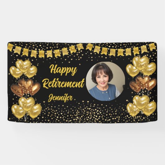 Moderne Black en Gold Happy Retirement Banner (Horizontaal)