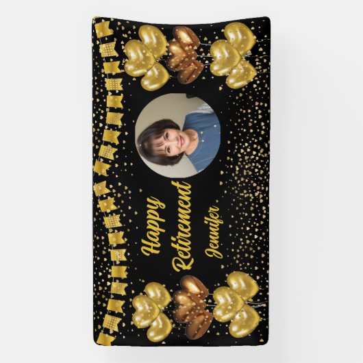 Moderne Black en Gold Happy Retirement Banner (Verticaal)