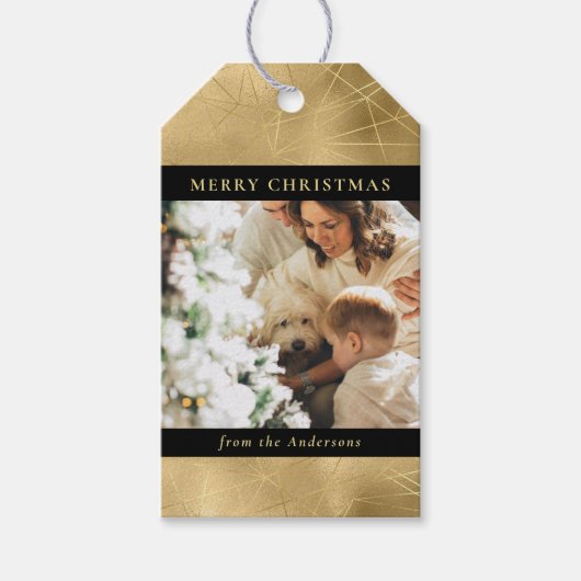Moderne Black Faux Gold Christmas Familiefoto Cadeaulabel (Voorkant)