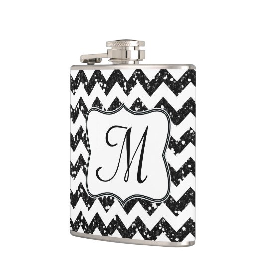Moderne Black Glitter Chevron Monogram Whiskey Fla Heupfles (Links)