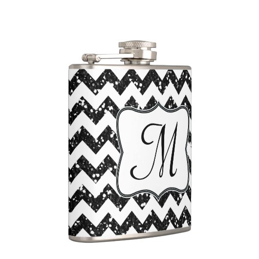Moderne Black Glitter Chevron Monogram Whiskey Fla Heupfles (Rechts)