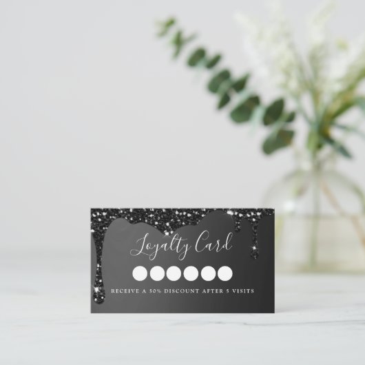 Moderne Black Glitter Drop Salon & Spa Loyaliteit Visitekaartje (Staand voorkant)