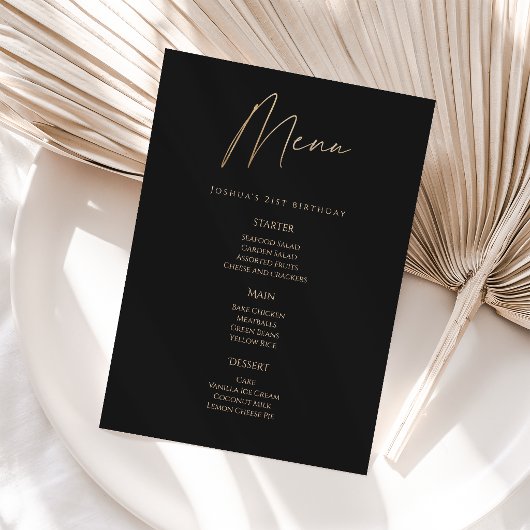Moderne Black Gold 21e Verjaardagsfeest Menu Kaart