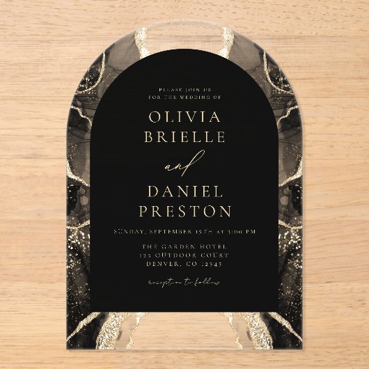 Moderne Black Gold Agaat Huwelijk Elegant Acryl Uitnodigingen (Voorkant)
