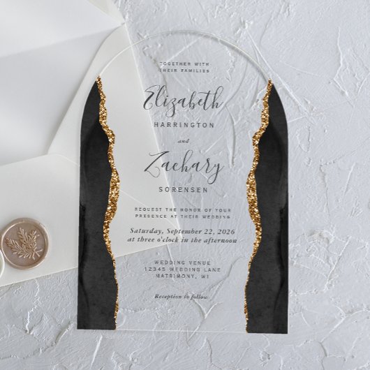 Moderne Black Gold Agaat Wedding Arch Acryl Uitnodigingen