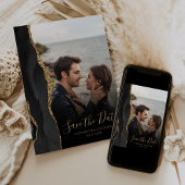 Moderne Black Gold Agate 6-foto save the date kaar