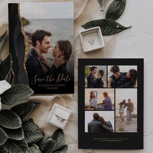 Moderne Black Gold Agate 6-foto save the date kaar