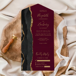 Moderne Black Gold Agate Bourgondische bruiloft All In One Uitnodiging