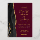 Moderne Black Gold Agate Bourgondische bruiloft Folie Uitnodiging (Voorkant)