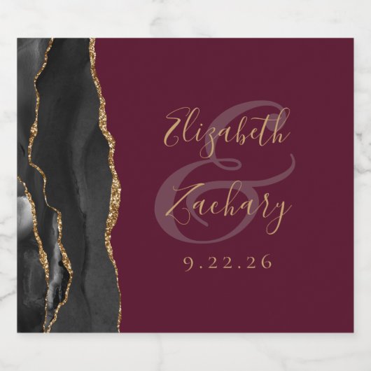 Moderne Black Gold Agate Bourgondische bruiloft Sparkling Wijnetiket (Enkel label)