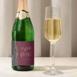 Moderne Black Gold Agate Bourgondische bruiloft Sparkling Wijnetiket