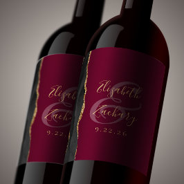 Moderne Black Gold Agate Bourgondische bruiloft Wijn Etiket