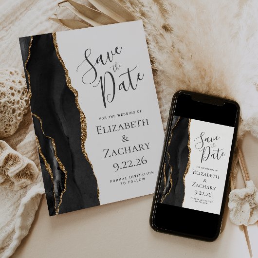Moderne Black Gold Agate Save the Date