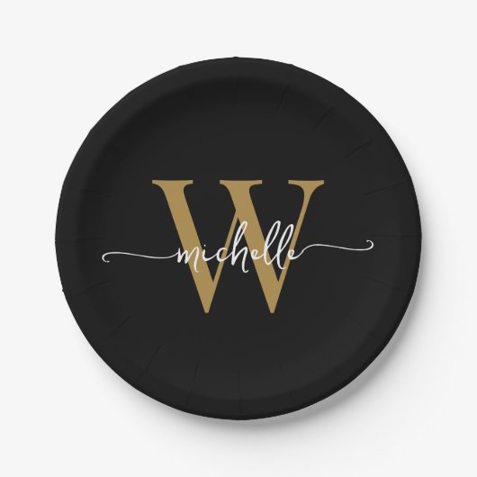 Moderne Black Gold Custom Monogram Name Script Papieren Bordje (Voorkant)