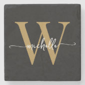 Moderne Black Gold Custom Monogram Name Script Stenen Onderzetter (Voorkant)