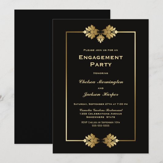 Moderne Black Gold Engagement Party Kaart (Voorkant / Achterkant)