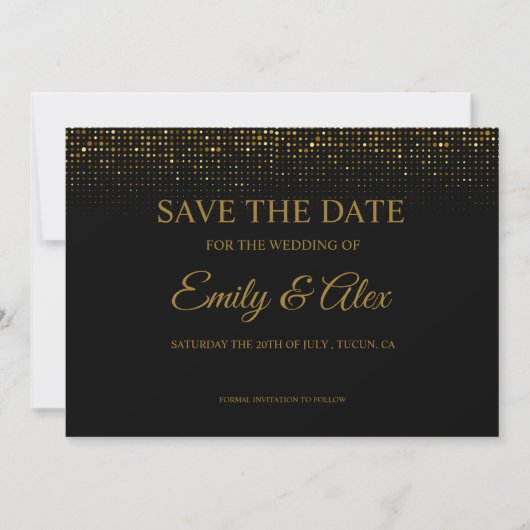 moderne Black & Gold Glitter Save The Date Kaart (Voorkant)