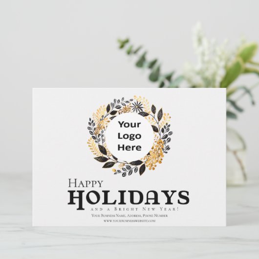 Moderne Black Gold Krans Kerst Bedrijf Happy Feestdagenkaart (Staand voorkant)
