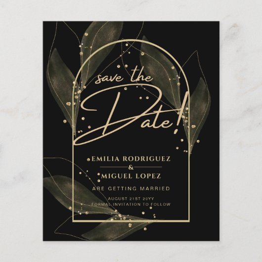 Moderne Black Gold Leaves Trouwkaart Save The Date Flyer (Voorkant)