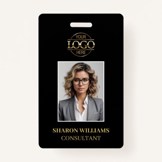Moderne Black Gold Minimalist werknemer Foto-ID Badge (Voorkant)