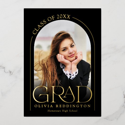 Moderne Black Gold Photo Arch Afstudeerfeest Folie Uitnodiging (Voorkant)