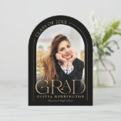 Moderne Black Gold Photo Arch Afstudeerfeest Kaart (Staand voorkant)