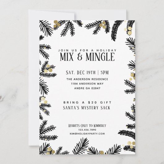 Moderne Black & Gold Pine en Berries Vakantie Part Kaart (Voorkant)
