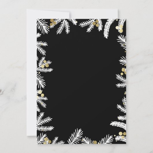 Moderne Black & Gold Pine en Berries Vakantie Part Kaart (Achterkant)